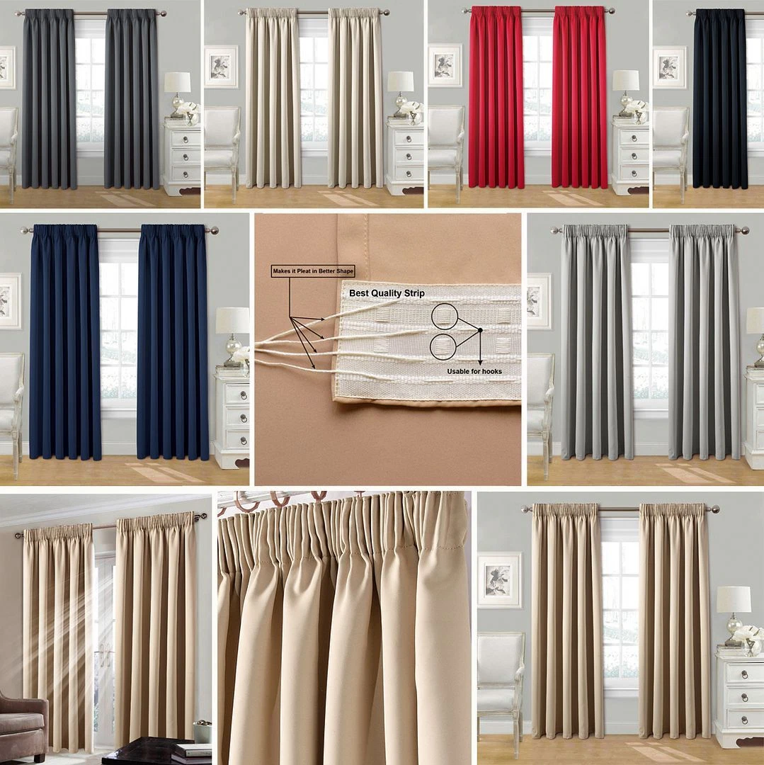 Pair Pencil Pleat Tape Top Plain Thermal BLACKOUT LINED Curtains with Tie Backs.
Opens in a new wind