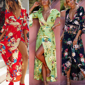 UK Womens Floral Kimono V Plunge Ladies Maxi Wrap Holiday Summer Dress Size 6-14