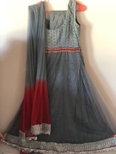 Womens Indian Suit Gown Kurta Dress Anarkali Grey Red Silver, Size 34-36