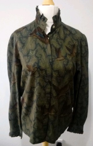 Cheyne Cotton Ruffle Collar Green Paisley Duck Pattern Shirt Size L Vintage - Picture 5 of 12