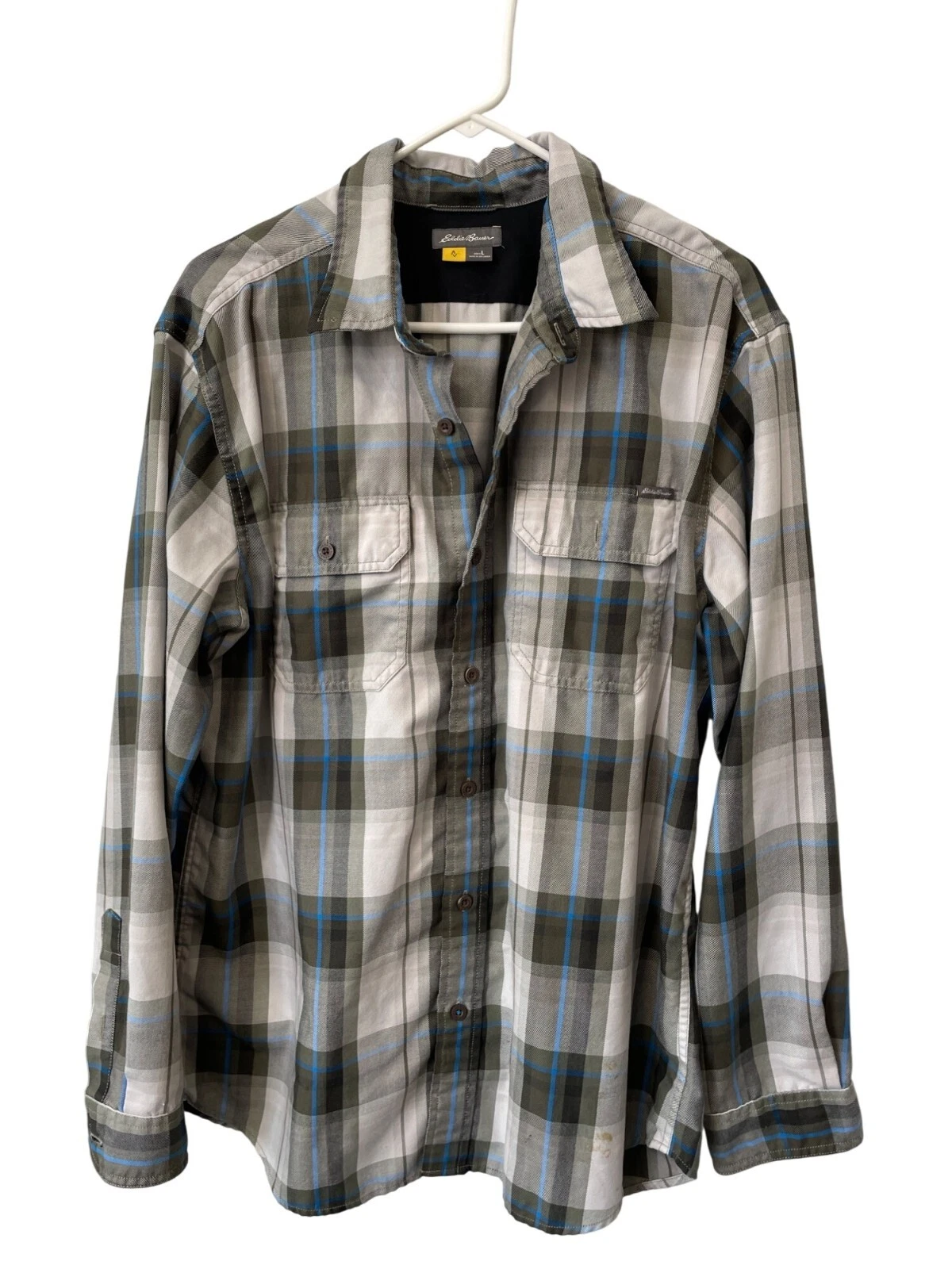 Eddie Bauer Plaid Button Front Shirt Size Large Long Sleeve Poly Western Outdoor
