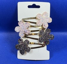 Girls Adorable Pink Iridescent  Purple Gold Floral Glitter Hair Clip Set
