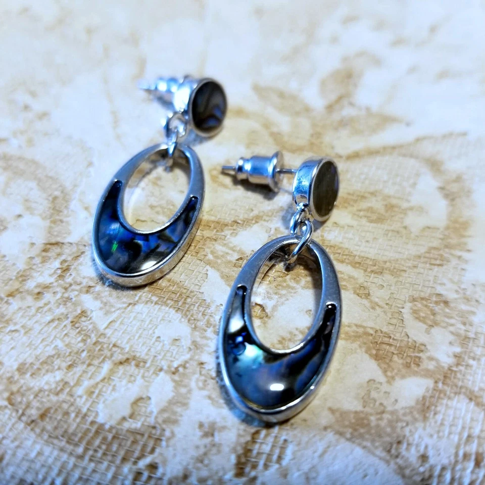 Mid Century Style Paua Shell Open Oval Modernist Dangle Earrings Silver Tone - Image 4 of 4