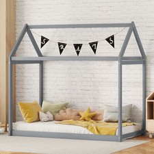 Twin Size Wooden House Floor Bed Frame Wooden Slatted for Kids / Toddlers Gray