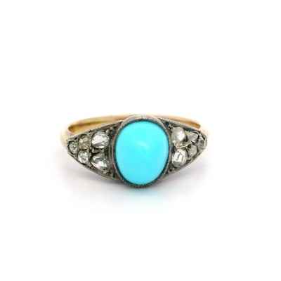 Antiker Bandring 14 Karat Gelbgold & Silber Türkis Old Mine Rose Diamant Seiten