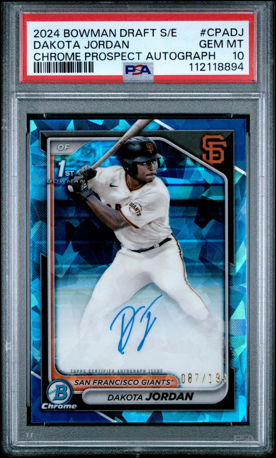 2024 Bowman Chrome Draft Sapphire Dakota Jordan Auto /199 #CPA-DJ PSA 10 view 1