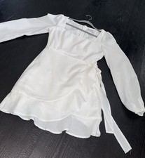 Princess Polly Linen White Size 8 Long Sleeves Wrap The Villa Mini Dress