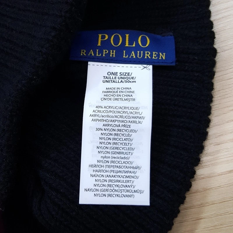 POLO RALPH LAUREN Hombre Gorro Negro Acanalado Puño Husky Perro Logo Foto 4 de 4