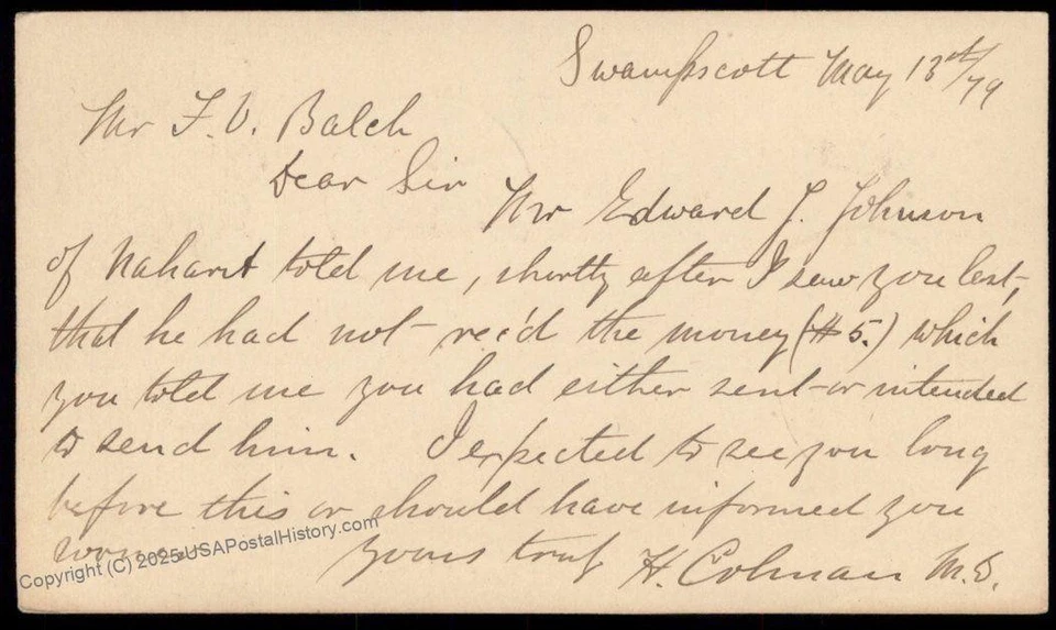 USA 1879 SWAMPSCOTT Massachusetts DPO Violet Cancel Postal Card Cover 96295 - Image 2 of 2