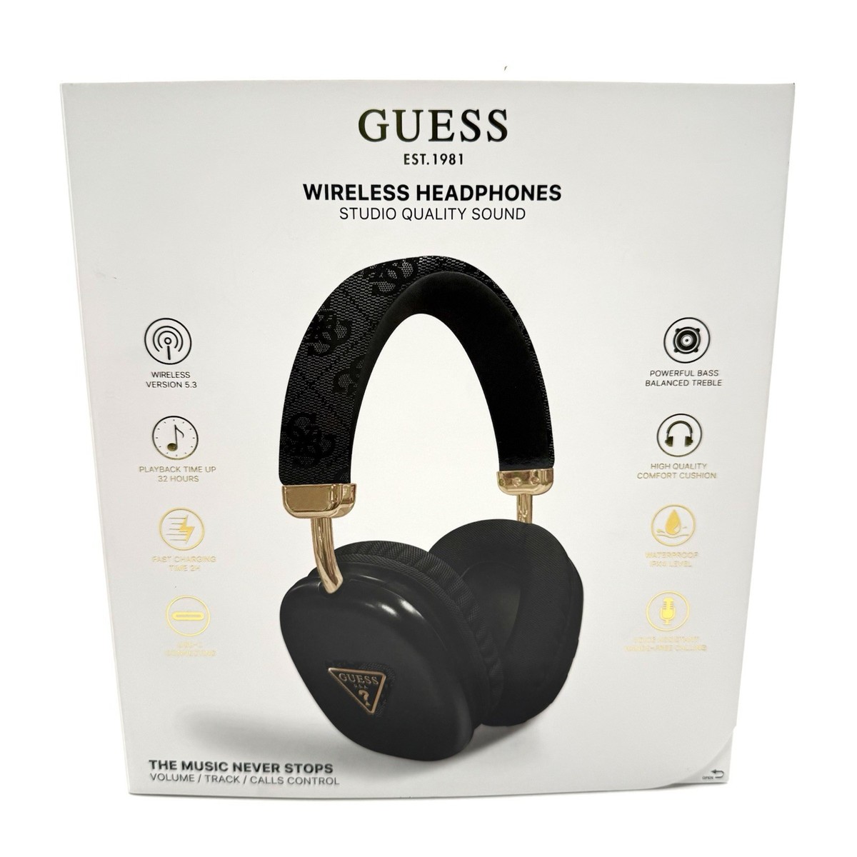 GUESS Wireless Headphones Black Gold Studio Sound 32H Playtime IPX4 USB-C