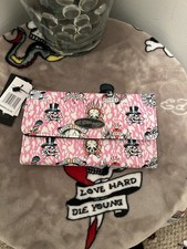 Ed Hardy Wallet Snap Close Bifold Pink White Leopard Print Graphic Skull Design