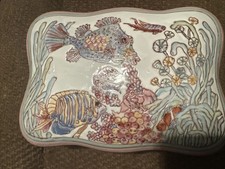 Japanese Meiji Satsuma Stunning W/Fish Shrimp Coral Dresser Box Nice