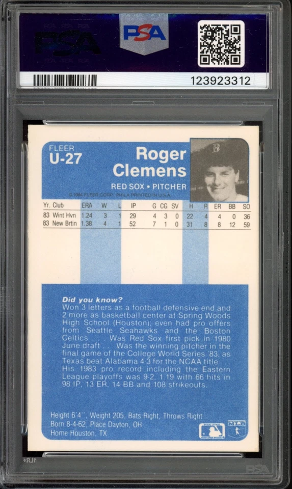 Винтажная бейсбольная карточка 1984 Fleer Update #U-27 дебютант Роджер Клеменс PSA 8 (3312) - Изображение 2 из 2