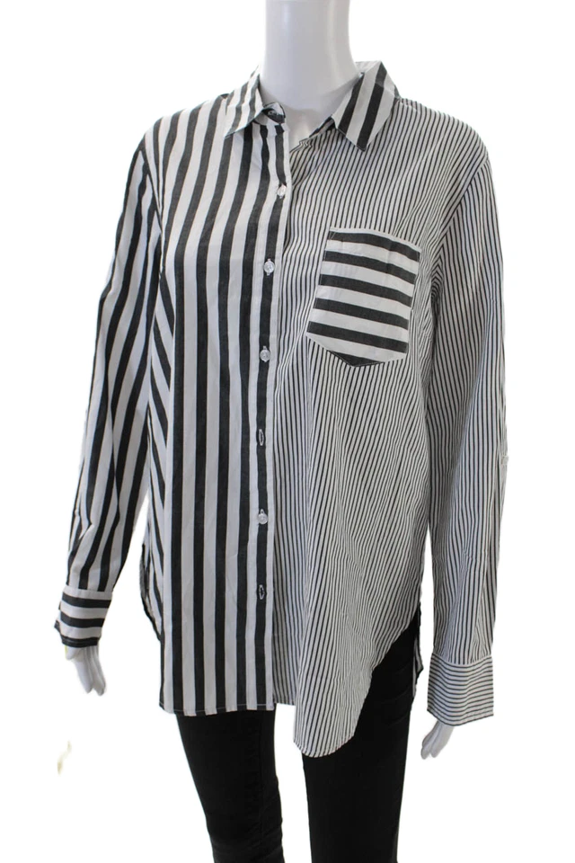 Blusa Tribal Mujer Algodón Cuello Bolsillo Detalle Rayas Abotonada Blanca Talla M Foto 2 de 4