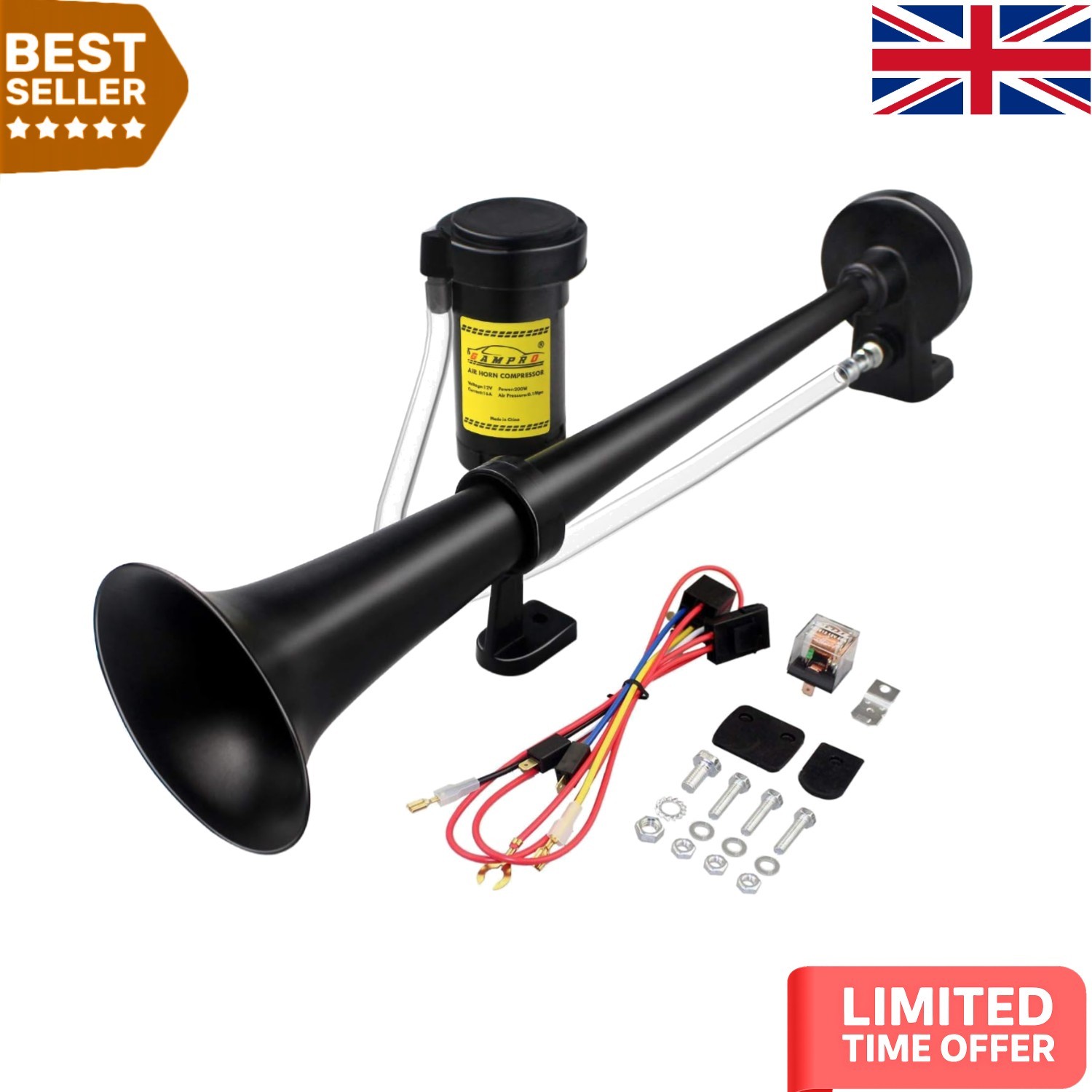 Loud 150db Air Horn with Compressor for 12V Trucks, Boats and Cars—Chrome Finish