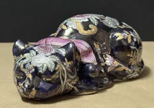 Asian Floral Design Sleeping Black Cat Decorative Collectible Decor Figurine