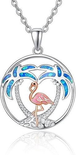 Silver Plated Flamingo Circle Pendant Necklace with Rose Gold Accents and Palms - Picture 1 of 5