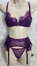 Seven 'til Midnight Purple Lace Lingerie Set - Bra, Garter Belt & Thong (M)