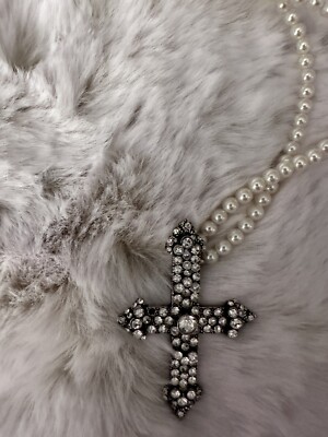 Saint Laurent YSL Double Row Pearl Crystal Cross Necklace | eBay