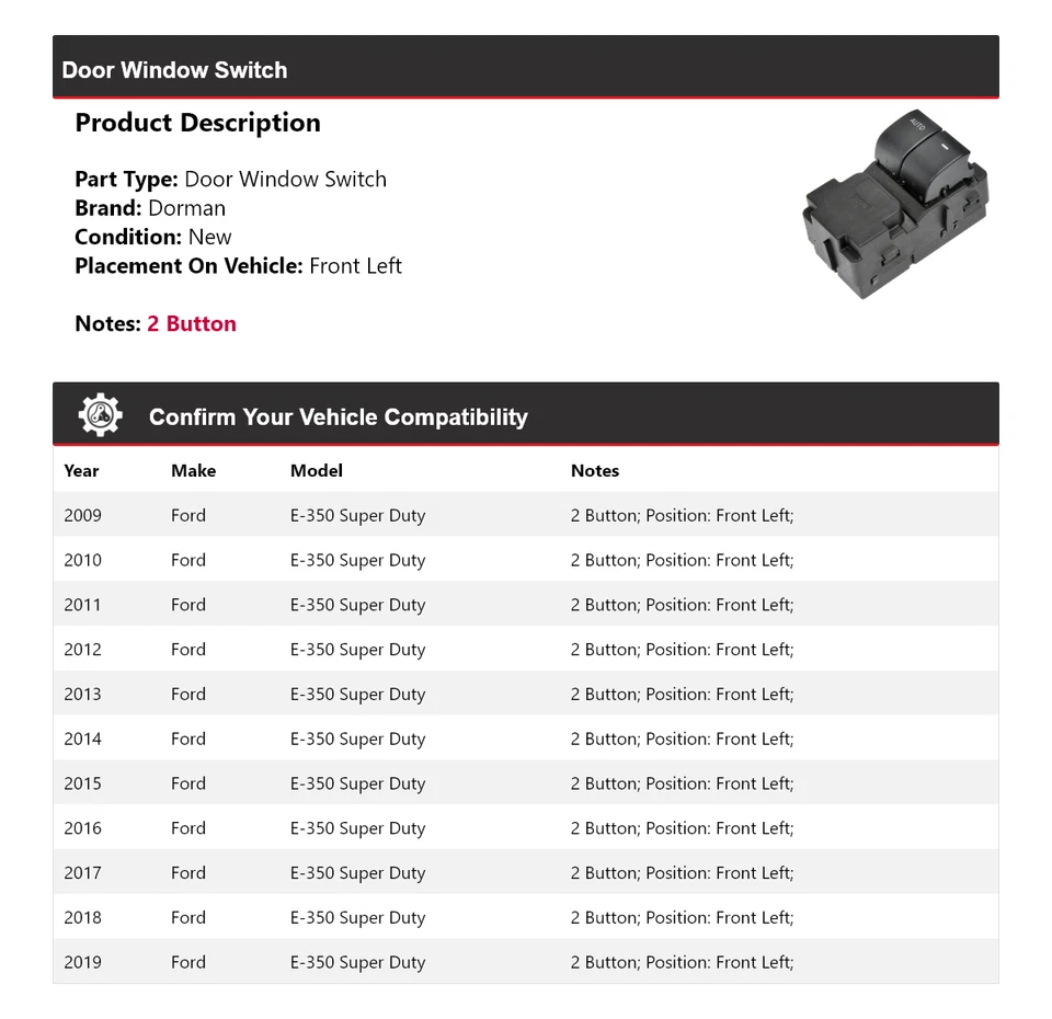 Interruptor de ventana de puerta delantero izquierdo Ford E-350 Super Duty Dorman 2009-2019 2010 Foto 2 de 4