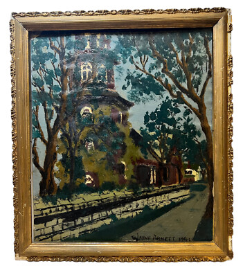 1941 Oil Canvas Painting Gothic Building by Wayne Arnett W/ Antique Map On Back