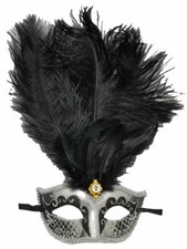 Black Gold Silver Venetian Mask Feather Masquerade Mardi Gras Paper Mache