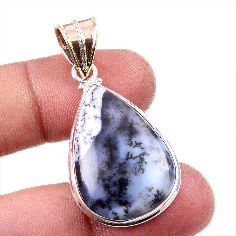 Natural Dendrite Opal Gemstone 925 Solid Sterling Silver Gift Pendant 1.75