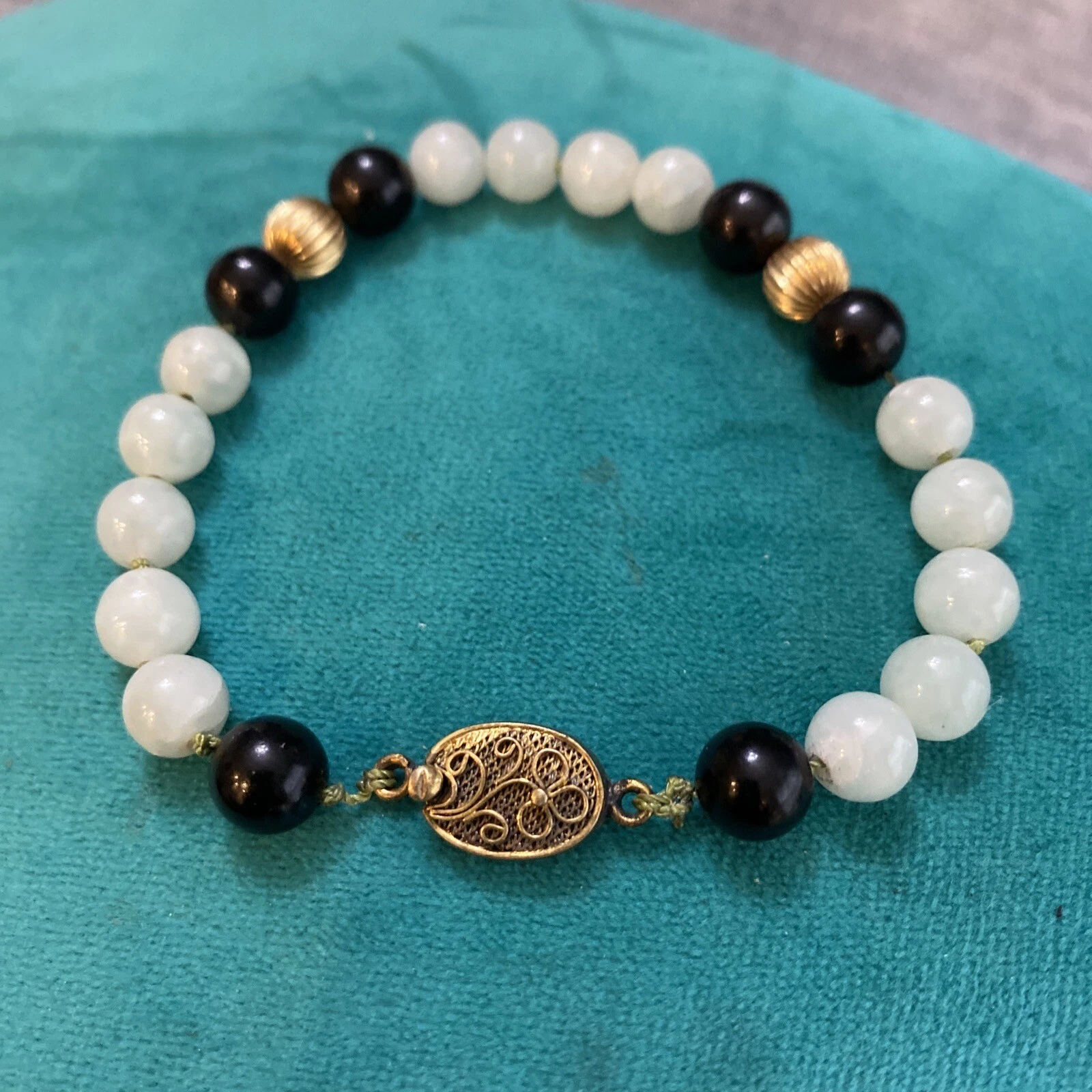 OFF WHITE "Bracciale Perline Vintage Tone Oro Nero Off Bianco Firmato ARGENTO 8""