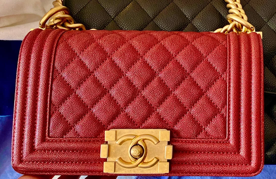 Chanel 19A Boy Wallet on Chain Red Caviar with brushed gold hardware