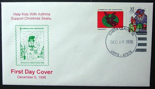 US, 1996 Santa, Indiana FDC & Tied On, Moose Art, Cachet & ALA Seals, Unused
