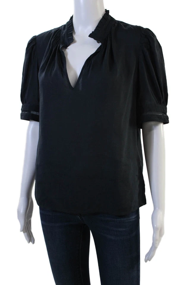 Camisa Top Mujer Manga Corta Ojo de Cerradura Lino Azul Marino Talla Mediana Foto 2 de 4