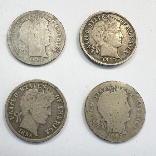 Lot of 4 US Coin Dime 10c Barber 1892 1897P 1898P 1902P Circulated
