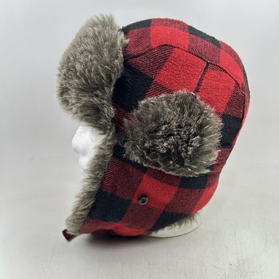 Buffalo Plaid Trapper Hat Faux Fur Lined Red and Black double ear flap One Size