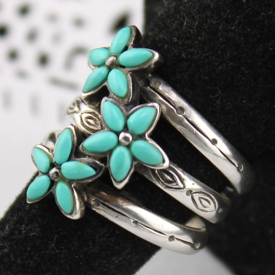 Vintage CFJ Collins Sterling Silver Turquoise Flower Stamped Cigar Band Ring sz8 - Image 4 of 4