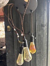 Pendant Light Fitting 3 Drops With Brown Twisted Cord And Matt Black Lampholders