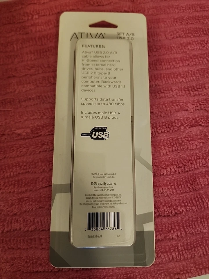 Cable A/B USB 2.0 3 pies de largo nuevo en caja Foto 2 de 4