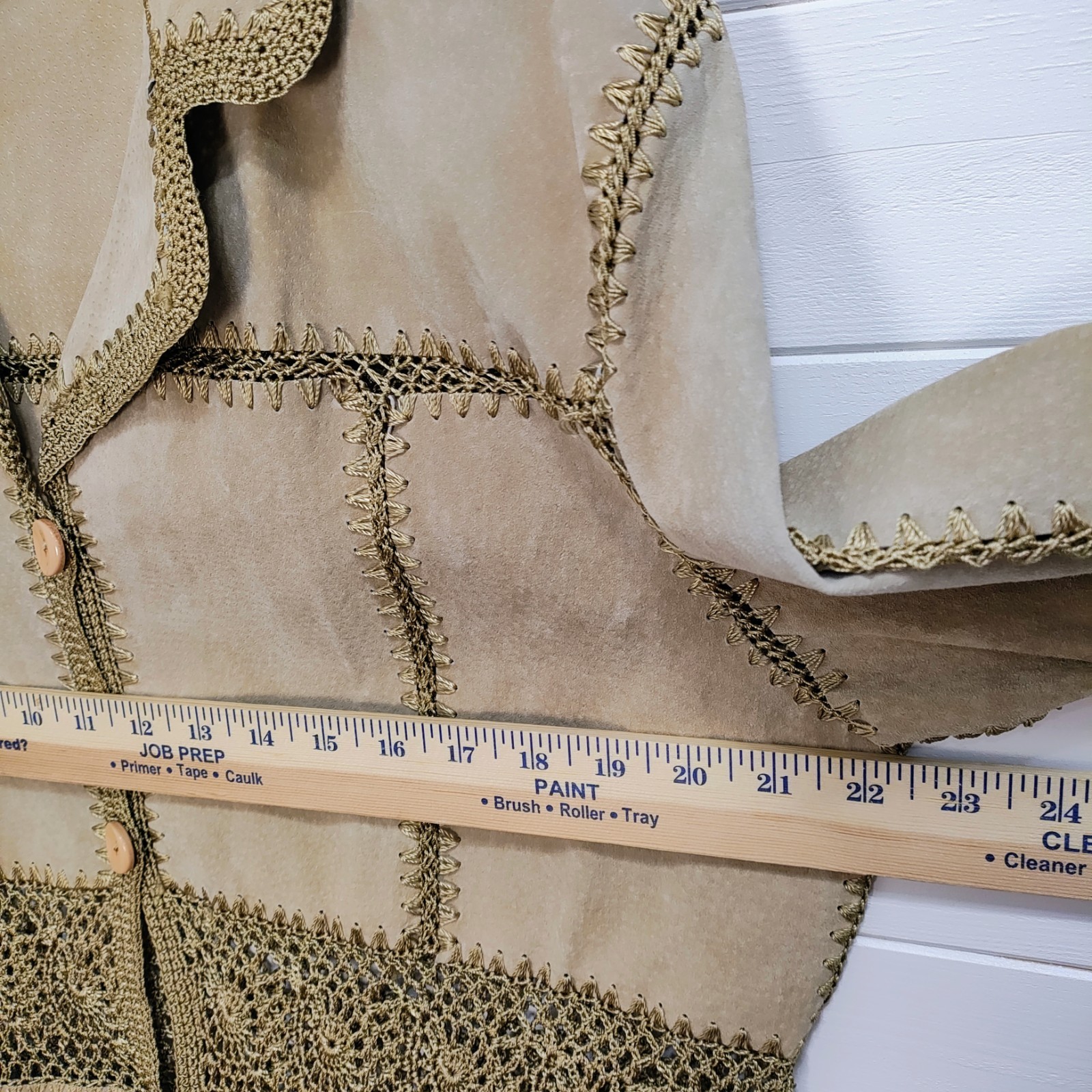 Vtg Static Suede Crochet Patchwork Jacket XL Tan … - image 10