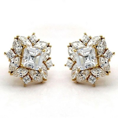 Women's Stud Earrings 14K Yellow Gold Plated Asscher Cut Simulated Diamond Stud