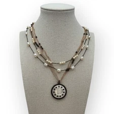 Monet Multi-Strand Pearl Ribbon Necklace Floral Medallion Romantic Vintage