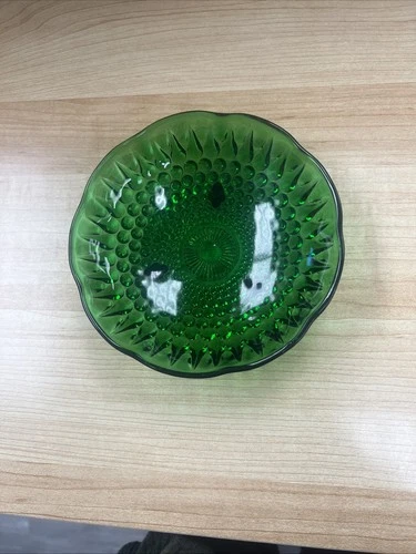 Vintage Anchor Hocking 3 Footed Emerald Green Hobnail Trinket Bowl 1960s.     84