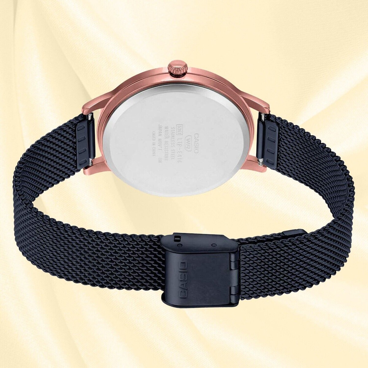 Casio LTP-E157MRB-1B Black Analog Mesh Stainless Steel Rose Gold Ladies  Watch