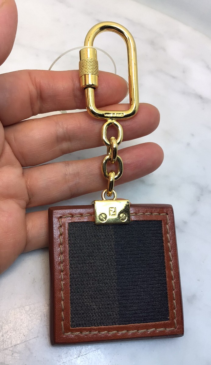 Vintage FENDI Gold Tone Leather Trim Logo Keychain Key Ring New W
