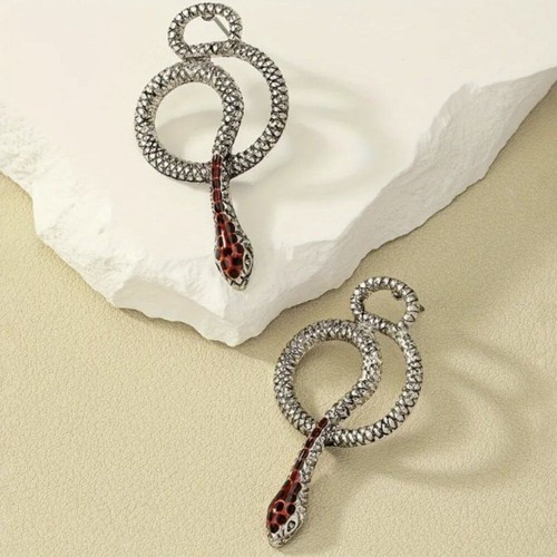 Gothic Carved Silver & Red Coiled Snake Stud Earrings NEW - Picture 2 of 6