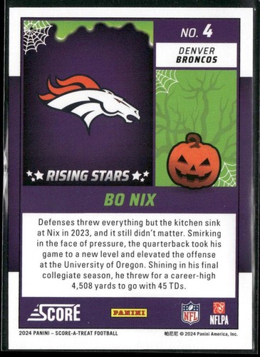 2024 Score-A-Treat #4 Bo Nix A-Treat - Rising Stars Orange Pumpkin - Picture 2 of 2