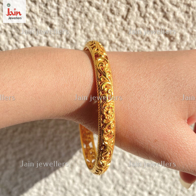 18 Kt, 22 Kt Real Gold Engraved Handmade Women's Bracelet Bangle 9