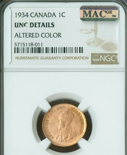 1934 CANADA CENT NGC MS64 PLUS ALTERED COLOR RARE MAC SPOTLESS .