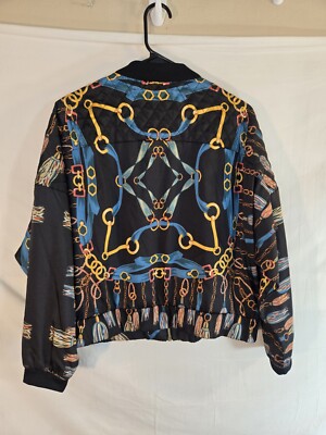 ℳ Zara Women's Large Black Satin Chain Baroque Print Bomber Jacket