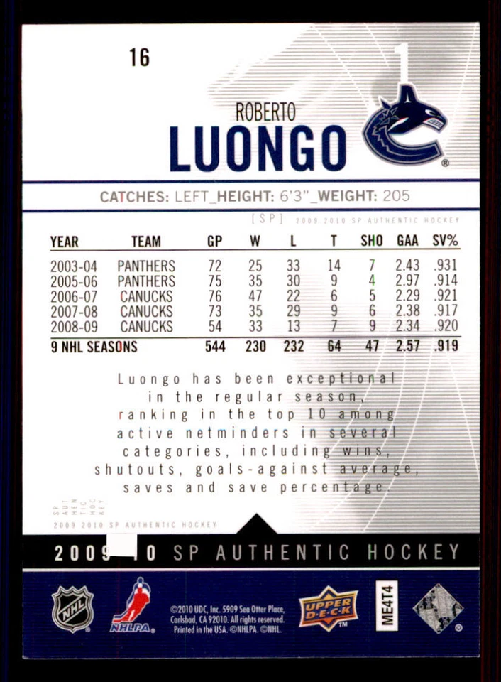 2009-10 SP Authentic #16 Roberto Luongo - Image 2 of 2