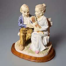 Vtg. Young’s Inc. Ceramic Figurine Wood Base - Grandma, Grandpa & Dog On Bench