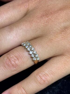 14k Oro Amarillo Natural Diamantes Dos Filas Diseño Corte Redondo Banda Anillo